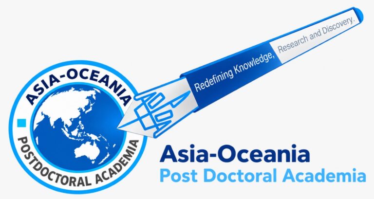 Asia-Oceania Post Doctoral Academia emblem: a globe of the Asia-Oceania region with a pen carrying the words Redefining Knowledge, Research and Discovery